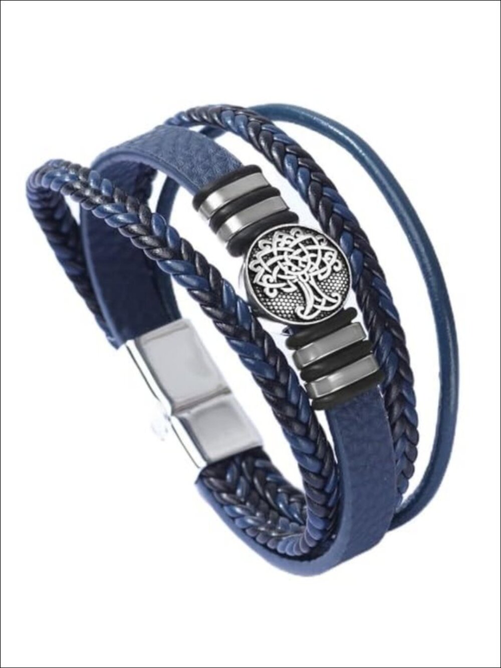 Mens Multi-Layer Braided Leather Stainless Steel Cuff Bracelet Gift